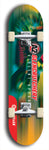 Skateboard deck: Limited edition, North American maple skateboard deck designed by underground artist BellyRash -- available in widths 7.5 to 8.5 inches in both mellow concave and steep concave shapes. Artwork: A2 GLENCRUTCHERY brand popsicle-shaped skateboard deck with  racing motorcycle from the TT race