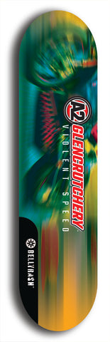 Skateboard deck: Limited edition, North American maple skateboard deck designed by underground artist BellyRash -- available in widths 7.5 to 8.5 inches in both mellow concave and steep concave shapes. Artwork: A2 GLENCRUTCHERY brand popsicle-shaped skateboard deck with  racing motorcycle from the TT race