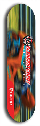 Skateboard deck: Limited edition, North American maple skateboard deck designed by underground artist BellyRash -- available in widths 7.5 to 8.5 inches in both mellow concave and steep concave shapes. Artwork: A2 GLENCRUTCHERY brand popsicle-shaped skateboard deck with  racing motorcycle from the TT race