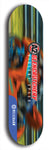 Skateboard deck: Limited edition, North American maple skateboard deck designed by underground artist BellyRash -- available in widths 7.5 to 8.5 inches in both mellow concave and steep concave shapes. Artwork: A2 GLENCRUTCHERY brand popsicle-shaped skateboard deck with  racing motorcycle from the TT race