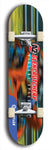 Skateboard deck: Limited edition, North American maple skateboard deck designed by underground artist BellyRash -- available in widths 7.5 to 8.5 inches in both mellow concave and steep concave shapes. Artwork: A2 GLENCRUTCHERY brand popsicle-shaped skateboard deck with  racing motorcycle from the TT race