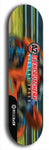 Skateboard deck: Limited edition, North American maple skateboard deck designed by underground artist BellyRash -- available in widths 7.5 to 8.5 inches in both mellow concave and steep concave shapes. Artwork: A2 GLENCRUTCHERY brand popsicle-shaped skateboard deck with  racing motorcycle from the TT race