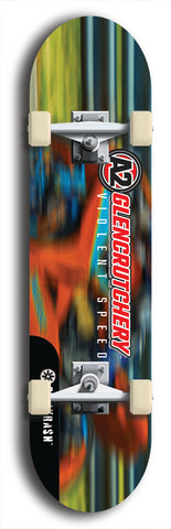 Skateboard deck: Limited edition, North American maple skateboard deck designed by underground artist BellyRash -- available in widths 7.5 to 8.5 inches in both mellow concave and steep concave shapes. Artwork: A2 GLENCRUTCHERY brand popsicle-shaped skateboard deck with  racing motorcycle from the TT race