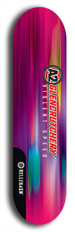 Skateboard deck: Limited edition, North American maple skateboard deck designed by underground artist BellyRash -- available in widths 7.5 to 8.5 inches in both mellow concave and steep concave shapes. Artwork: A2 GLENCRUTCHERY brand popsicle-shaped skateboard deck with  racing motorcycle from the TT race