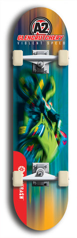 Skateboard deck: Limited edition, North American maple skateboard deck designed by underground artist BellyRash -- available in widths 7.5 to 8.5 inches in both mellow concave and steep concave shapes. Artwork: A2 GLENCRUTCHERY brand popsicle-shaped skateboard deck with  racing motorcycle from the TT race