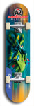 Skateboard deck: Limited edition, North American maple skateboard deck designed by underground artist BellyRash -- available in widths 7.5 to 8.5 inches in both mellow concave and steep concave shapes. Artwork: A2 GLENCRUTCHERY brand popsicle-shaped skateboard deck with  racing motorcycle from the TT race