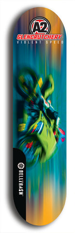 Skateboard deck: Limited edition, North American maple skateboard deck designed by underground artist BellyRash -- available in widths 7.5 to 8.5 inches in both mellow concave and steep concave shapes. Artwork: A2 GLENCRUTCHERY brand popsicle-shaped skateboard deck with  racing motorcycle from the TT race