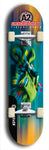 Skateboard deck: Limited edition, North American maple skateboard deck designed by underground artist BellyRash -- available in widths 7.5 to 8.5 inches in both mellow concave and steep concave shapes. Artwork: A2 GLENCRUTCHERY brand popsicle-shaped skateboard deck with  racing motorcycle from the TT race