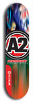 Skateboard deck: Limited edition, North American maple skateboard deck designed by underground artist BellyRash -- available in widths 7.5 to 8.5 inches in both mellow concave and steep concave shapes. Artwork: A2 GLENCRUTCHERY brand popsicle-shaped skateboard deck with  racing motorcycle from the TT race