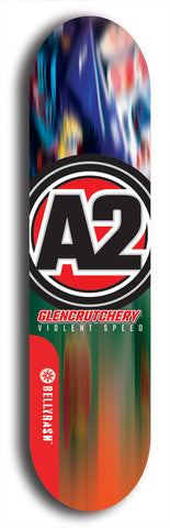 Skateboard deck: Limited edition, North American maple skateboard deck designed by underground artist BellyRash -- available in widths 7.5 to 8.5 inches in both mellow concave and steep concave shapes. Artwork: A2 GLENCRUTCHERY brand popsicle-shaped skateboard deck with  racing motorcycle from the TT race