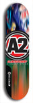 Skateboard deck: Limited edition, North American maple skateboard deck designed by underground artist BellyRash -- available in widths 7.5 to 8.5 inches in both mellow concave and steep concave shapes. Artwork: A2 GLENCRUTCHERY brand popsicle-shaped skateboard deck with  racing motorcycle from the TT race