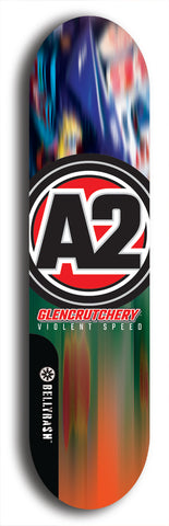 Skateboard deck: Limited edition, North American maple skateboard deck designed by underground artist BellyRash -- available in widths 7.5 to 8.5 inches in both mellow concave and steep concave shapes. Artwork: A2 GLENCRUTCHERY brand popsicle-shaped skateboard deck with  racing motorcycle from the TT race