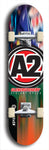 Skateboard deck: Limited edition, North American maple skateboard deck designed by underground artist BellyRash -- available in widths 7.5 to 8.5 inches in both mellow concave and steep concave shapes. Artwork: A2 GLENCRUTCHERY brand popsicle-shaped skateboard deck with  racing motorcycle from the TT race