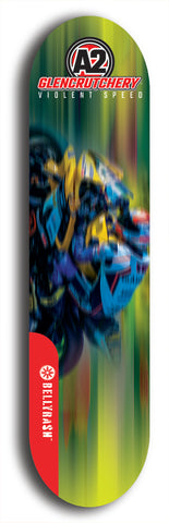 Skateboard deck: Limited edition, North American maple skateboard deck designed by underground artist BellyRash -- available in widths 7.5 to 8.5 inches in both mellow concave and steep concave shapes. Artwork: A2 GLENCRUTCHERY brand popsicle-shaped skateboard deck with  racing motorcycle from the TT race