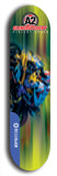 Skateboard deck: Limited edition, North American maple skateboard deck designed by underground artist BellyRash -- available in widths 7.5 to 8.5 inches in both mellow concave and steep concave shapes. Artwork: A2 GLENCRUTCHERY brand popsicle-shaped skateboard deck with  racing motorcycle from the TT race