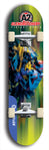 Skateboard deck: Limited edition, North American maple skateboard deck designed by underground artist BellyRash -- available in widths 7.5 to 8.5 inches in both mellow concave and steep concave shapes. Artwork: A2 GLENCRUTCHERY brand popsicle-shaped skateboard deck with  racing motorcycle from the TT race