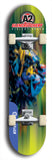 Skateboard deck: Limited edition, North American maple skateboard deck designed by underground artist BellyRash -- available in widths 7.5 to 8.5 inches in both mellow concave and steep concave shapes. Artwork: A2 GLENCRUTCHERY brand popsicle-shaped skateboard deck with  racing motorcycle from the TT race