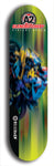 Skateboard deck: Limited edition, North American maple skateboard deck designed by underground artist BellyRash -- available in widths 7.5 to 8.5 inches in both mellow concave and steep concave shapes. Artwork: A2 GLENCRUTCHERY brand popsicle-shaped skateboard deck with  racing motorcycle from the TT race