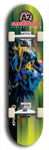 Skateboard deck: Limited edition, North American maple skateboard deck designed by underground artist BellyRash -- available in widths 7.5 to 8.5 inches in both mellow concave and steep concave shapes. Artwork: A2 GLENCRUTCHERY brand popsicle-shaped skateboard deck with  racing motorcycle from the TT race