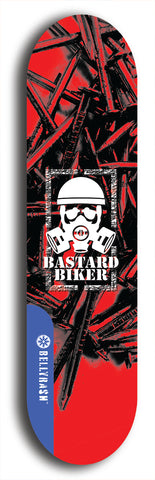 Skateboard deck: Limited edition, North American maple skateboard deck designed by underground artist BellyRash - available widths 7.5 to 8.5 inches in both mellow concave and steep concave shapes. Artwork: BASTARD BIKER logo brand popsicle-shaped deck with mechanical design in background