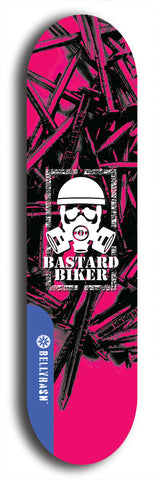 Skateboard deck: Limited edition, North American maple skateboard deck designed by underground artist BellyRash - available widths 7.5 to 8.5 inches in both mellow concave and steep concave shapes. Artwork: BASTARD BIKER logo brand popsicle-shaped deck with mechanical design in background