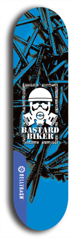 Skateboard deck: Limited edition, North American maple skateboard deck designed by underground artist BellyRash - available widths 7.5 to 8.5 inches in both mellow concave and steep concave shapes. Artwork: BASTARD BIKER logo brand popsicle-shaped deck with mechanical design in background