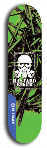 Skateboard deck: Limited edition, North American maple skateboard deck designed by underground artist BellyRash - available widths 7.5 to 8.5 inches in both mellow concave and steep concave shapes. Artwork: BASTARD BIKER logo brand popsicle-shaped deck with mechanical design in background