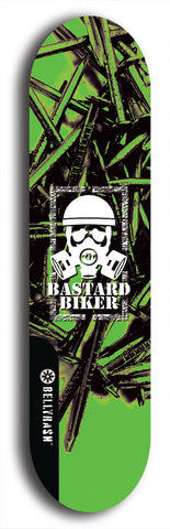 Skateboard deck: Limited edition, North American maple skateboard deck designed by underground artist BellyRash - available widths 7.5 to 8.5 inches in both mellow concave and steep concave shapes. Artwork: BASTARD BIKER logo brand popsicle-shaped deck with mechanical design in background