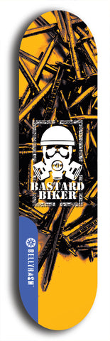 Skateboard deck: Limited edition, North American maple skateboard deck designed by underground artist BellyRash - available widths 7.5 to 8.5 inches in both mellow concave and steep concave shapes. Artwork: BASTARD BIKER logo brand popsicle-shaped deck with mechanical design in background