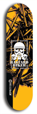 Skateboard deck: Limited edition, North American maple skateboard deck designed by underground artist BellyRash - available widths 7.5 to 8.5 inches in both mellow concave and steep concave shapes. Artwork: BASTARD BIKER logo brand popsicle-shaped deck with mechanical design in background