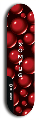 Skateboard deck: Limited edition, North American maple skateboard deck designed by underground artist BellyRash - available widths 7.5 to 8.5 inches in both mellow concave and steep concave shapes. Artwork: XOMFUG logo brand popsicle-shaped deck