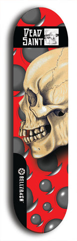 Skateboard deck: Limited edition, North American maple skateboard deck designed by underground artist BellyRash - available widths 7.5 to 8.5 inches in both mellow concave and steep concave shapes. Artwork: DEAD SAINT logo brand popsicle-shaped deck 