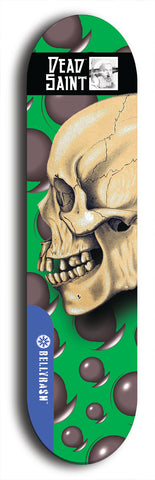 Skateboard deck: Limited edition, North American maple skateboard deck designed by underground artist BellyRash - available widths 7.5 to 8.5 inches in both mellow concave and steep concave shapes. Artwork: DEAD SAINT logo brand popsicle-shaped deck 