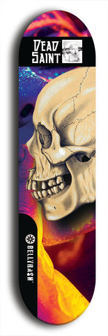 Skateboard deck: Limited edition, North American maple skateboard deck designed by underground artist BellyRash - available widths 7.5 to 8.5 inches in both mellow concave and steep concave shapes. Artwork: DEAD SAINT logo brand popsicle-shaped deck 