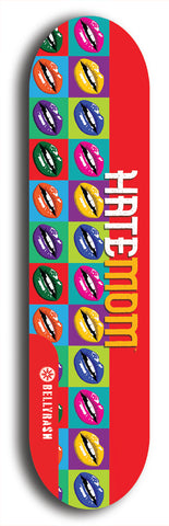 Skateboard deck: Limited edition, North American maple skateboard deck designed by underground artist BellyRash - available widths 7.5 to 8.5 inches in both mellow concave and steep concave shapes. Artwork: HATEMOM logo brand popsicle-shaped deck