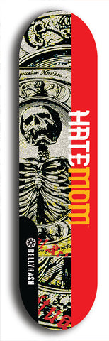 Skateboard deck: Limited edition, North American maple skateboard deck designed by underground artist BellyRash - available widths 7.5 to 8.5 inches in both mellow concave and steep concave shapes. Artwork: HATEMOM logo brand popsicle-shaped deck