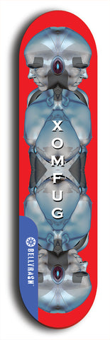 Skateboard deck: Limited edition, North American maple skateboard deck designed by underground artist BellyRash - available widths 7.5 to 8.5 inches in both mellow concave and steep concave shapes. Artwork: XOMFUG logo brand popsicle-shaped deck