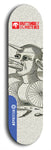 Skateboard deck: Limited edition, North American maple skateboard deck designed by underground artist BellyRash -- available in widths 7.5 to 8.5 inches in both mellow concave and steep concave shapes. Artwork: BUTTUGLY MONSTERS brand popsicle-shaped skateboard deck with monster in background.