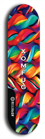 Skateboard deck: Limited edition, North American maple skateboard deck designed by underground artist BellyRash - available widths 7.5 to 8.5 inches in both mellow concave and steep concave shapes. Artwork: XOMFUG logo brand popsicle-shaped deck