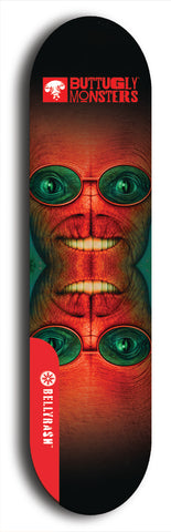 Skateboard deck: Limited edition, North American maple skateboard deck designed by underground artist BellyRash -- available in widths 7.5 to 8.5 inches in both mellow concave and steep concave shapes. Artwork: BUTTUGLY MONSTERS brand popsicle-shaped skateboard deck with monster in background. 