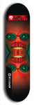 Skateboard deck: Limited edition, North American maple skateboard deck designed by underground artist BellyRash -- available in widths 7.5 to 8.5 inches in both mellow concave and steep concave shapes. Artwork: BUTTUGLY MONSTERS brand popsicle-shaped skateboard deck with monster in background. 