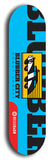 Skateboard deck: Limited edition, North American maple skateboard deck designed by underground artist BellyRash -- available in widths 7.5 to 8.5 inches in both mellow concave and steep concave shapes. Artwork: Cartoon police car  on a popsicle-shaped skateboard deck with light blue background. 