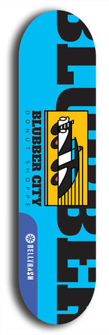 Skateboard deck: Limited edition, North American maple skateboard deck designed by underground artist BellyRash -- available in widths 7.5 to 8.5 inches in both mellow concave and steep concave shapes. Artwork: Cartoon police car  on a popsicle-shaped skateboard deck with light blue background. 