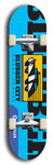 Skateboard deck: Limited edition, North American maple skateboard deck designed by underground artist BellyRash -- available in widths 7.5 to 8.5 inches in both mellow concave and steep concave shapes. Artwork: Cartoon police car  on a popsicle-shaped skateboard deck with light blue background. 