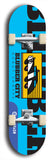 Skateboard deck: Limited edition, North American maple skateboard deck designed by underground artist BellyRash -- available in widths 7.5 to 8.5 inches in both mellow concave and steep concave shapes. Artwork: Cartoon police car  on a popsicle-shaped skateboard deck with light blue background. 