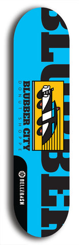 Skateboard deck: Limited edition, North American maple skateboard deck designed by underground artist BellyRash -- available in widths 7.5 to 8.5 inches in both mellow concave and steep concave shapes. Artwork: Cartoon police car  on a popsicle-shaped skateboard deck with light blue background. 