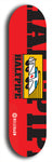 Skateboard deck: Limited edition, North American maple skateboard deck designed by underground artist BellyRash -- available in widths 7.5 to 8.5 inches in both mellow concave and steep concave shapes. Artwork: Cartoon ambulance on a popsicle-shaped skateboard deck with bright red background. 