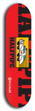 Skateboard deck: Limited edition, North American maple skateboard deck designed by underground artist BellyRash -- available in widths 7.5 to 8.5 inches in both mellow concave and steep concave shapes. Artwork: Cartoon ambulance on a popsicle-shaped skateboard deck with bright red background. 