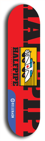 Skateboard deck: Limited edition, North American maple skateboard deck designed by underground artist BellyRash -- available in widths 7.5 to 8.5 inches in both mellow concave and steep concave shapes. Artwork: Cartoon ambulance on a popsicle-shaped skateboard deck with bright red background. 