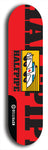 Skateboard deck: Limited edition, North American maple skateboard deck designed by underground artist BellyRash -- available in widths 7.5 to 8.5 inches in both mellow concave and steep concave shapes. Artwork: Cartoon ambulance on a popsicle-shaped skateboard deck with bright red background. 